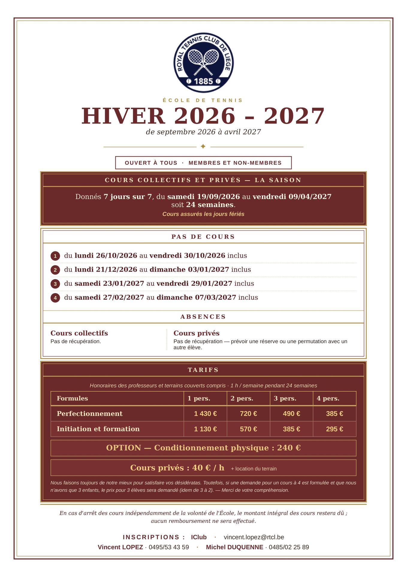 Programme École de Tennis Hiver 2026–2027